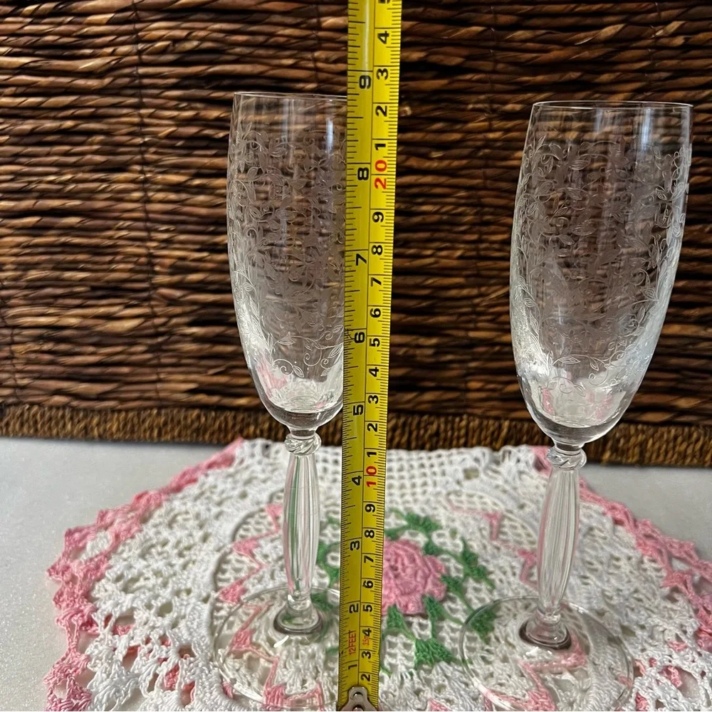 Set of 2 Etched Crystal Champagne Flutes Wedding ; Special Occasion